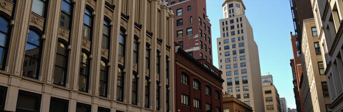 Three-quarters view of New York City street with promenant Art Deco architecture.